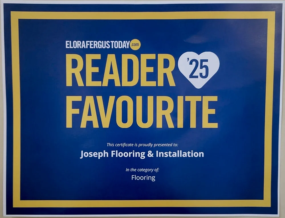 Reader Favourite 2025 certificate from EloraFergusToday.com, awarded to Joseph Flooring and Installation in the category of Flooring
